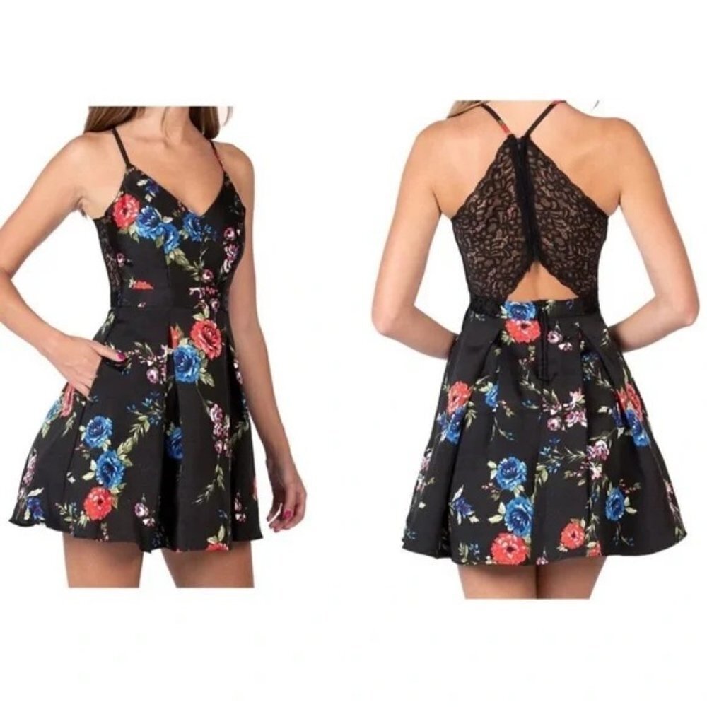 B Smart Juniors Size 1 Floral Print Lace Racerback A Line Party Dress in Black